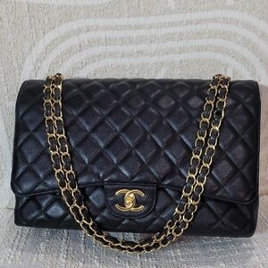 Chanel Cavier Jumbo Double Flap Black Quilted Shoulder Bag with Gold Chain